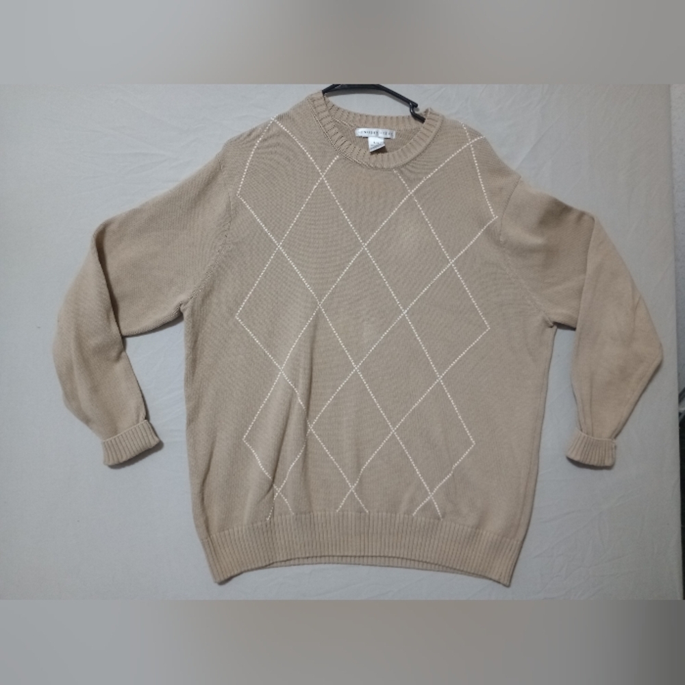 Geoffrey Beene Sweater Mens L Argyle Brown Pullover Roll Tab Eclectic Grandpa